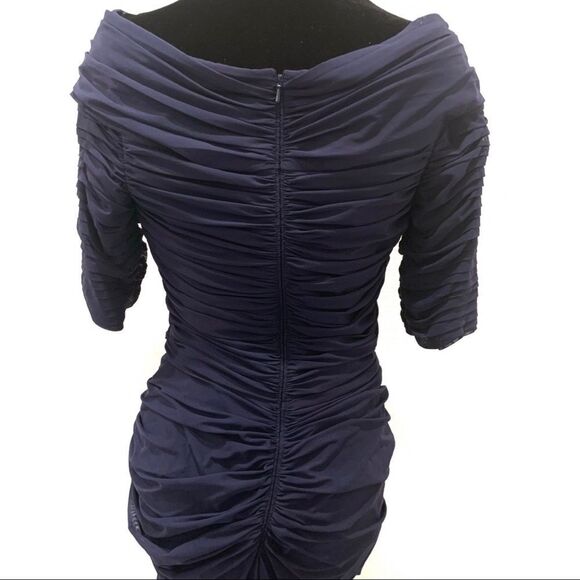 Tadashi Shoji Navy Blue Ruched Mesh Bodycon Dress - Picture 7 of 13